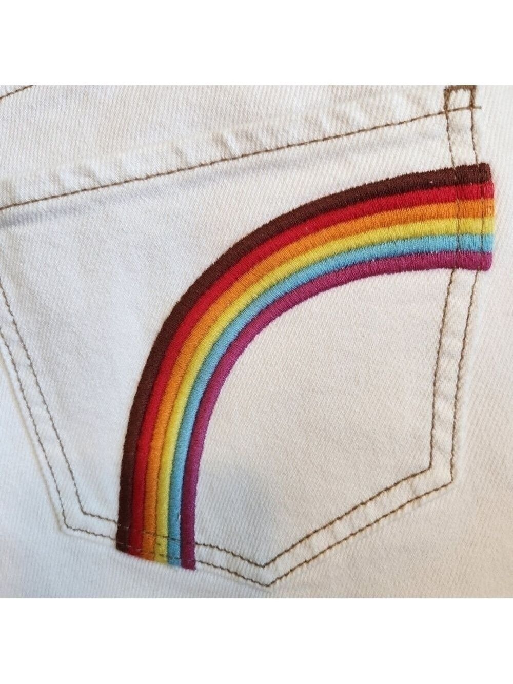 SO SUPER HIGH RISE CUT OFF DENIM JEAN SHORT RAINBOW EMBROIDERED POCKET SIZE 27/5 - Picture 3 of 7
